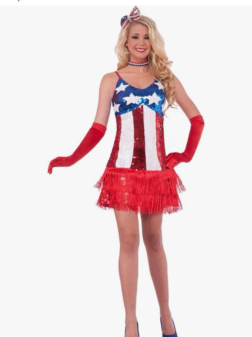 Patriotic Sequin Fringe Adult Women’s Costume Dress - Red, White & Blue NEW Lg